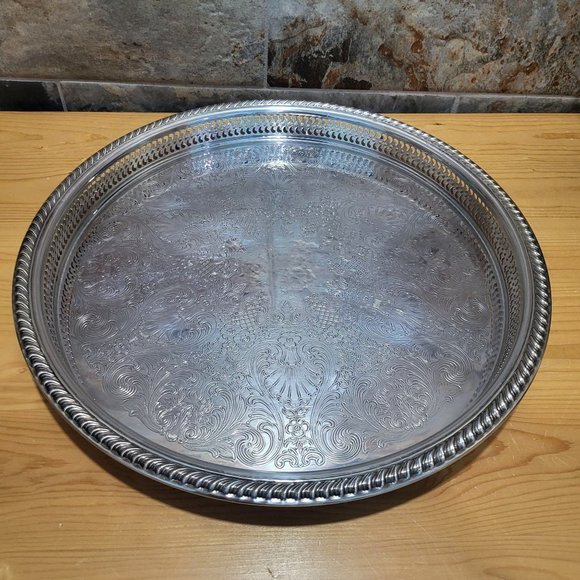 VTG International Silver Round Metal Platter Chased Reticulated Detail - Picture 12 of 12